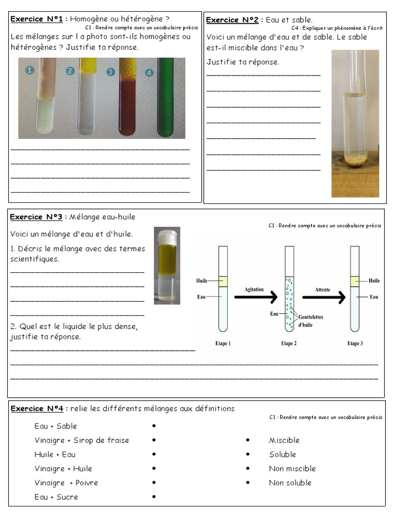 6ème Physique Chimie Exo Mélanges Homogène Hétérogène | PDF | Chimie ...