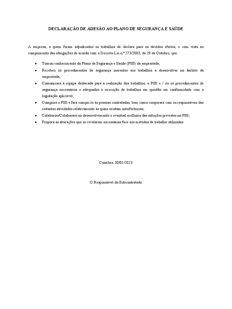 Declaração Adesão ao PSS | PDF
