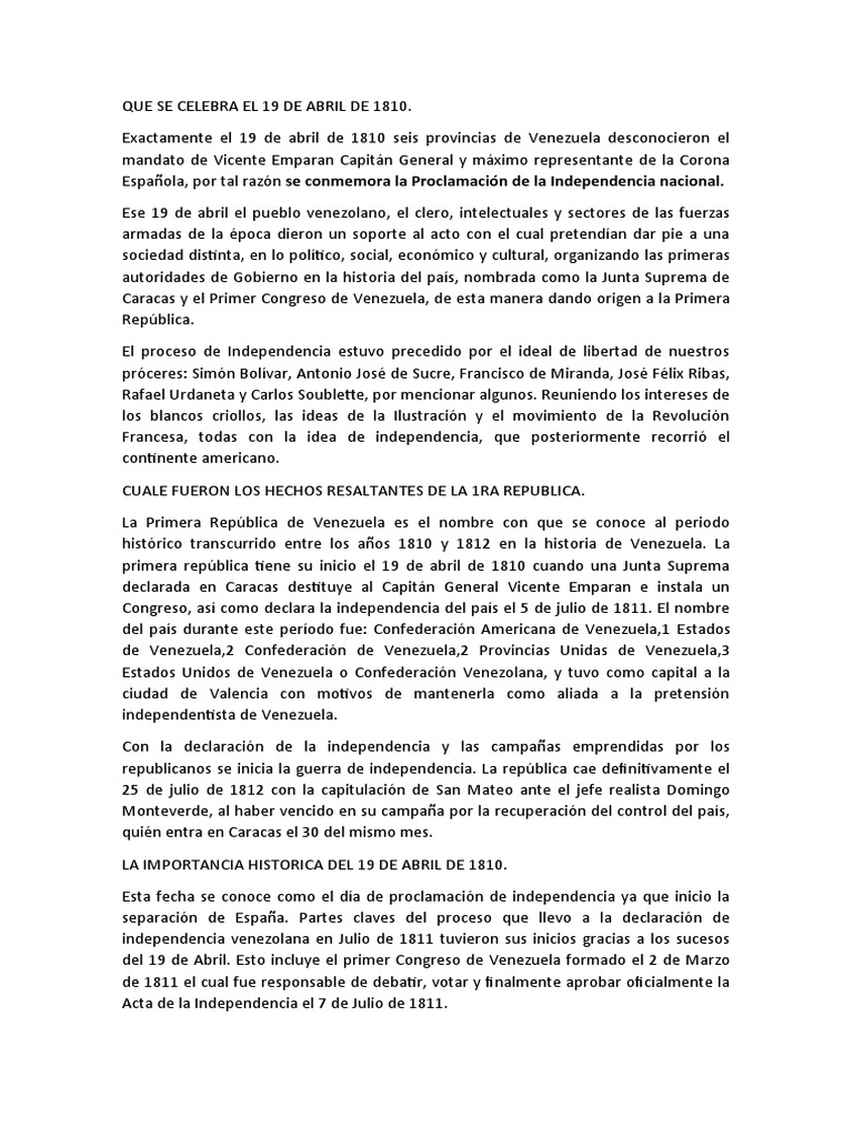 Que Se Celebra El 19 de Abril de 1810 PDF Venezuela América del Sur