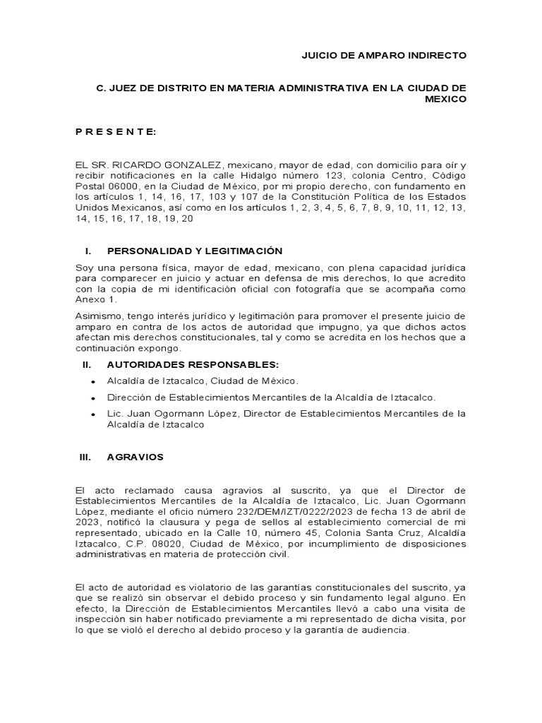 Juicio de Amparo Indirecto | PDF | Derecho Constitucional | Debido al ...