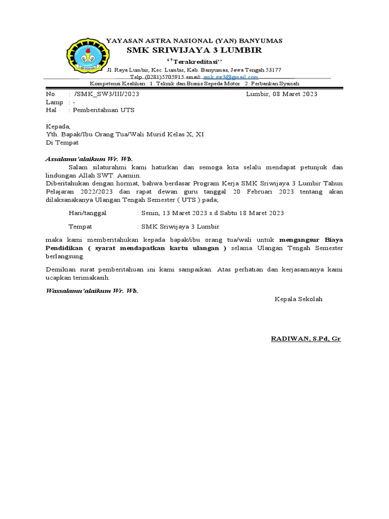 Surat Pemberitahuan Raport | PDF