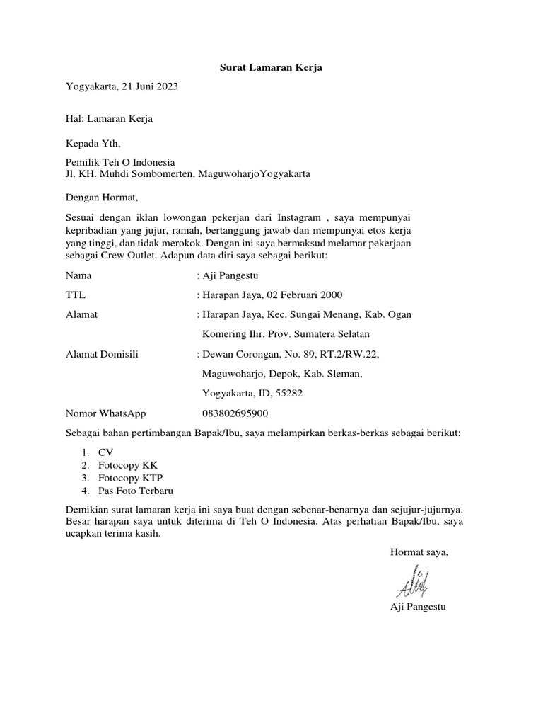 Surat Lamaran Kerja Teh O | PDF