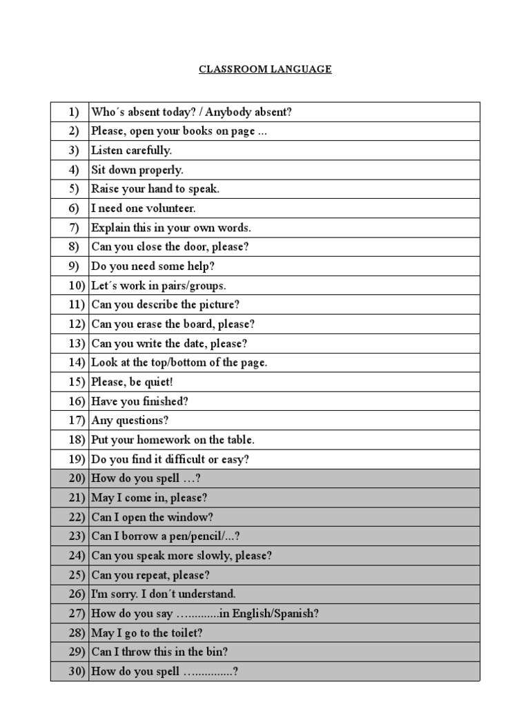 Essential Classroom Language Phrases | PDF | Art