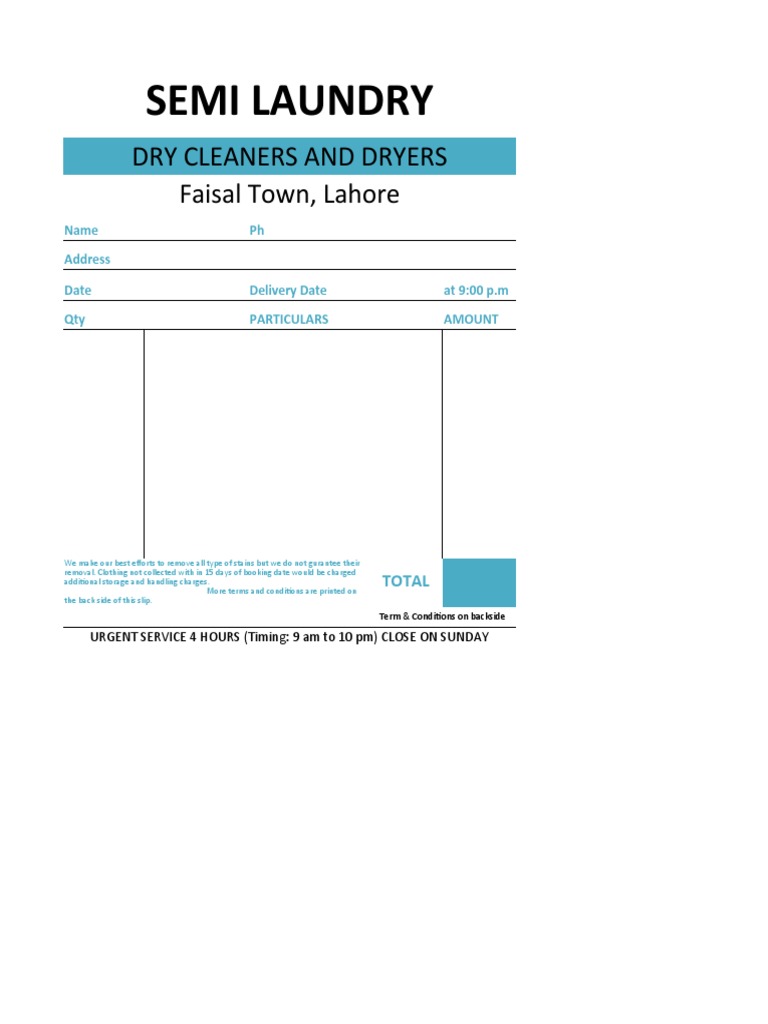 Laundry Bill Format in Excel PDF