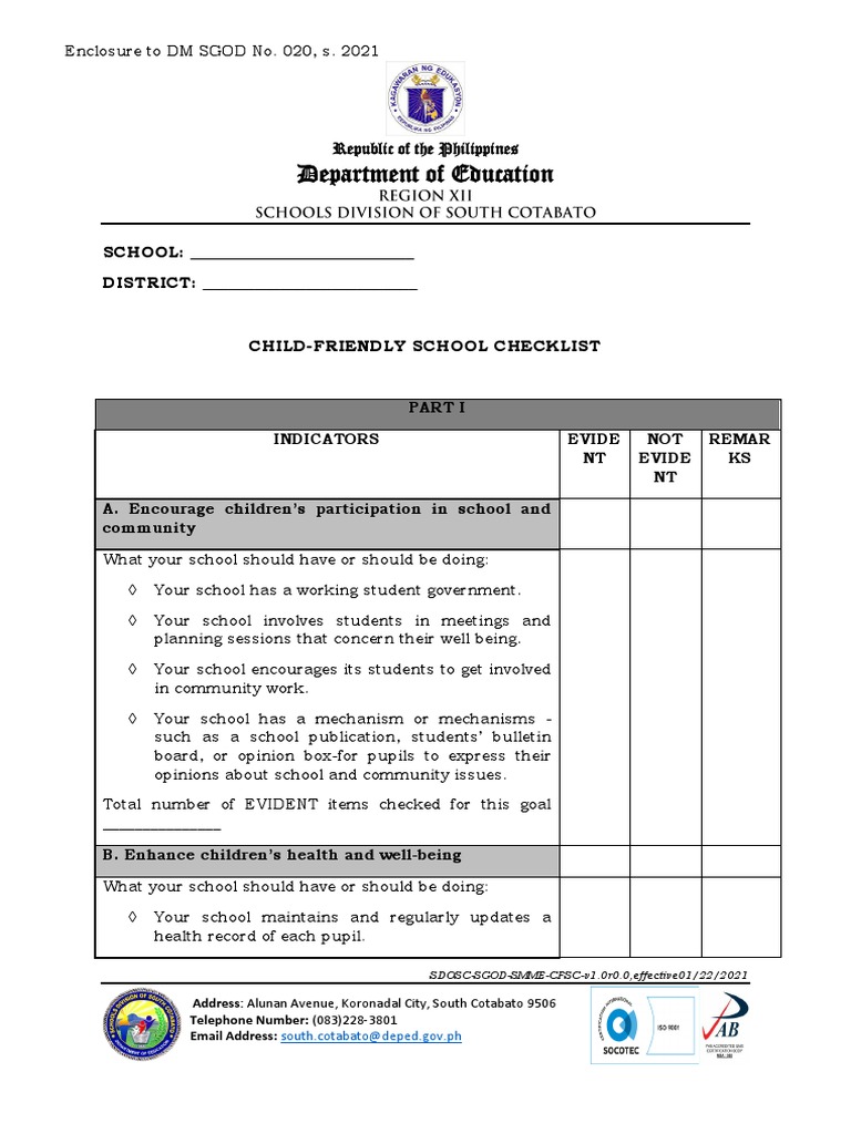 Enclosure To DM SGOD No. 020 S. 2021 Child Friendly School Checklist ...