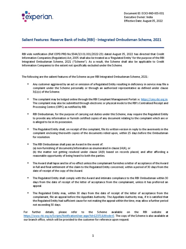 RBI Ombudsman Salient Features Aug 2022 PDF Reserve Bank Of India