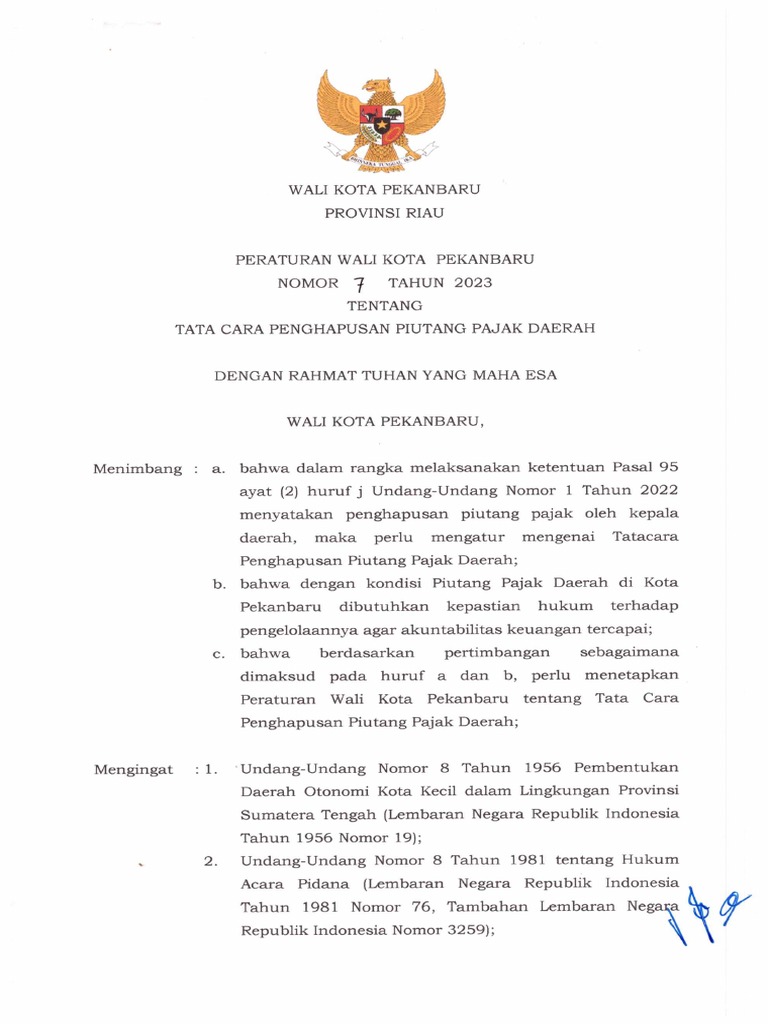 Perwali No 7 Tahun 2023 Tentang Tata Cara Penghapusan Piutang Pajak