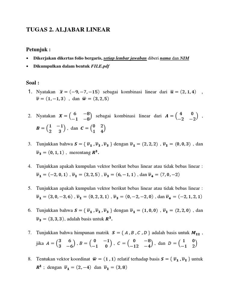 Tugas Aljabar Linear: Kombinasi dan Basis | PDF | Metode & Bahan Ajar