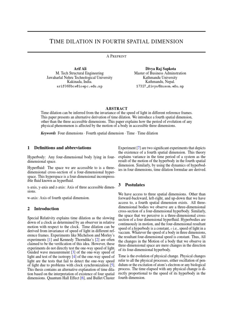Time Dilation in Fourth Dimension | PDF | Dimension | Spacetime