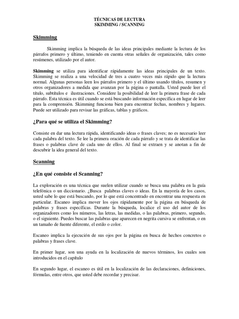 Tecnicas De Lectura Skimming Scanning Pdf Comunicación Humana