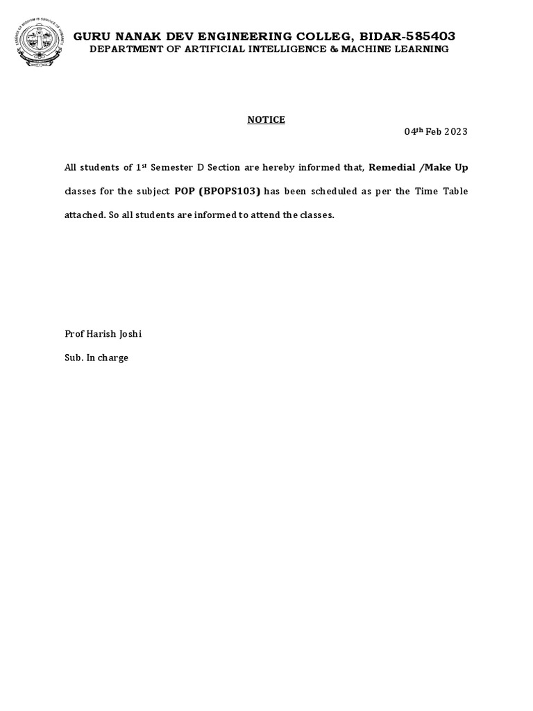 Make Up Class Notice PDF