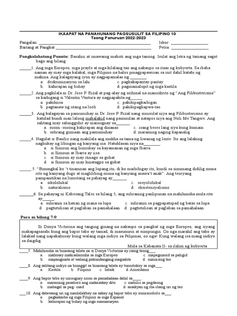 Filipino 10 4th PT Test Answer Key - Edited | PDF
