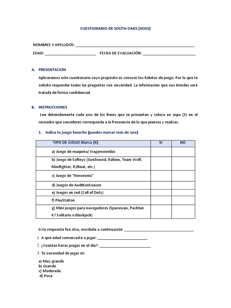 Cuestionario SOGS sobre Juego Patológico | PDF | Deportes y actividades ...