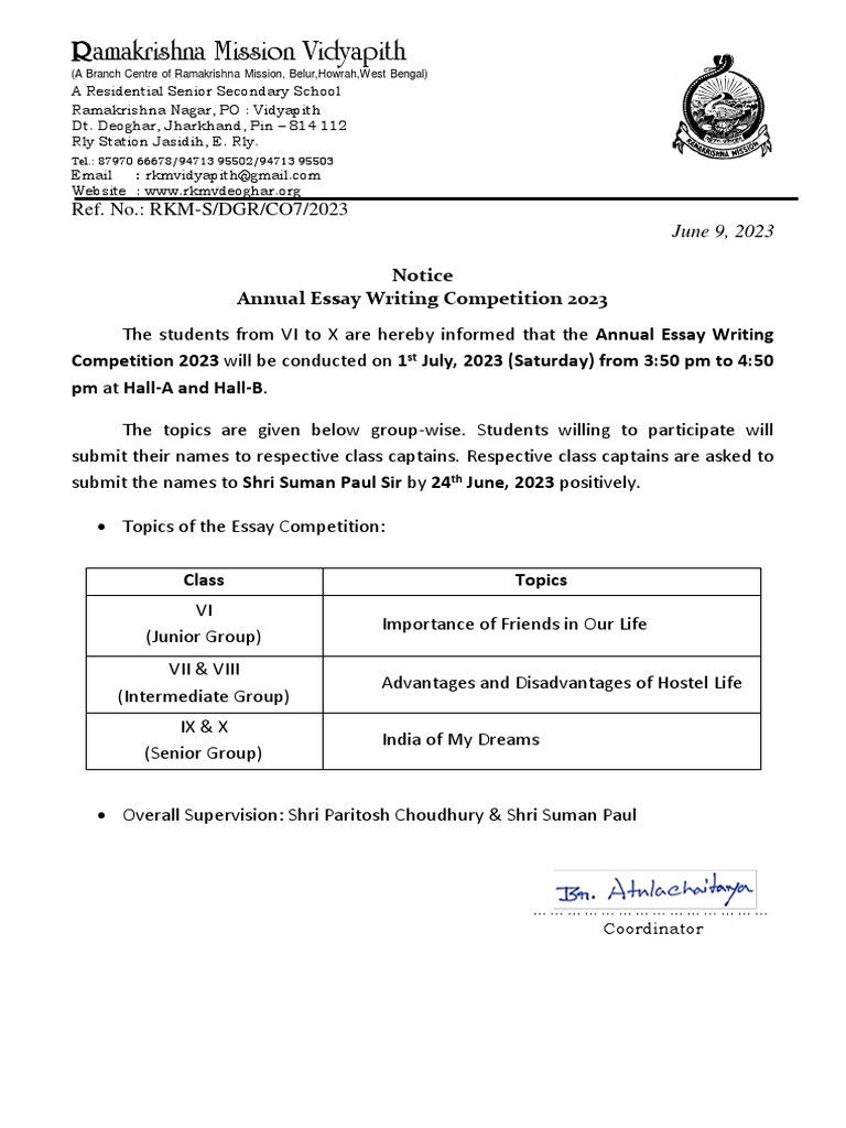 Annual Essay Writing Competition 2023 Secondary Section Notice PDF