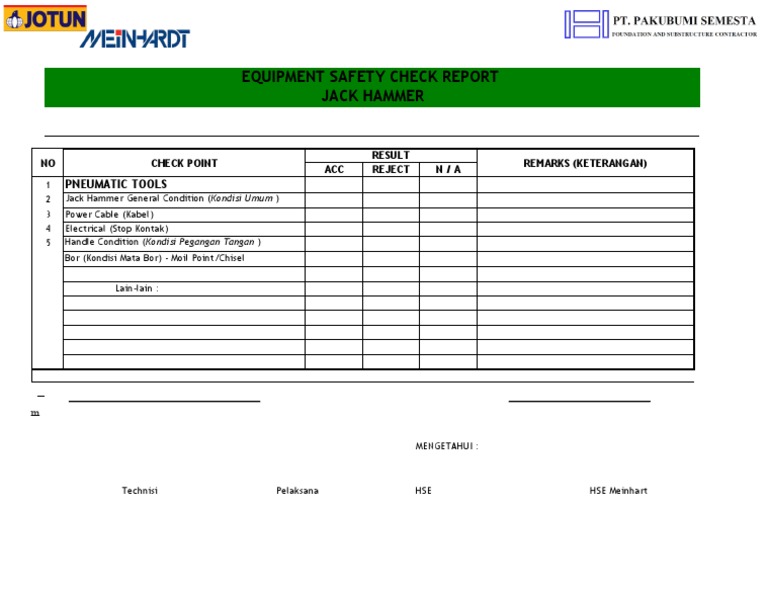 Jack Hammer Safety Check Report | PDF
