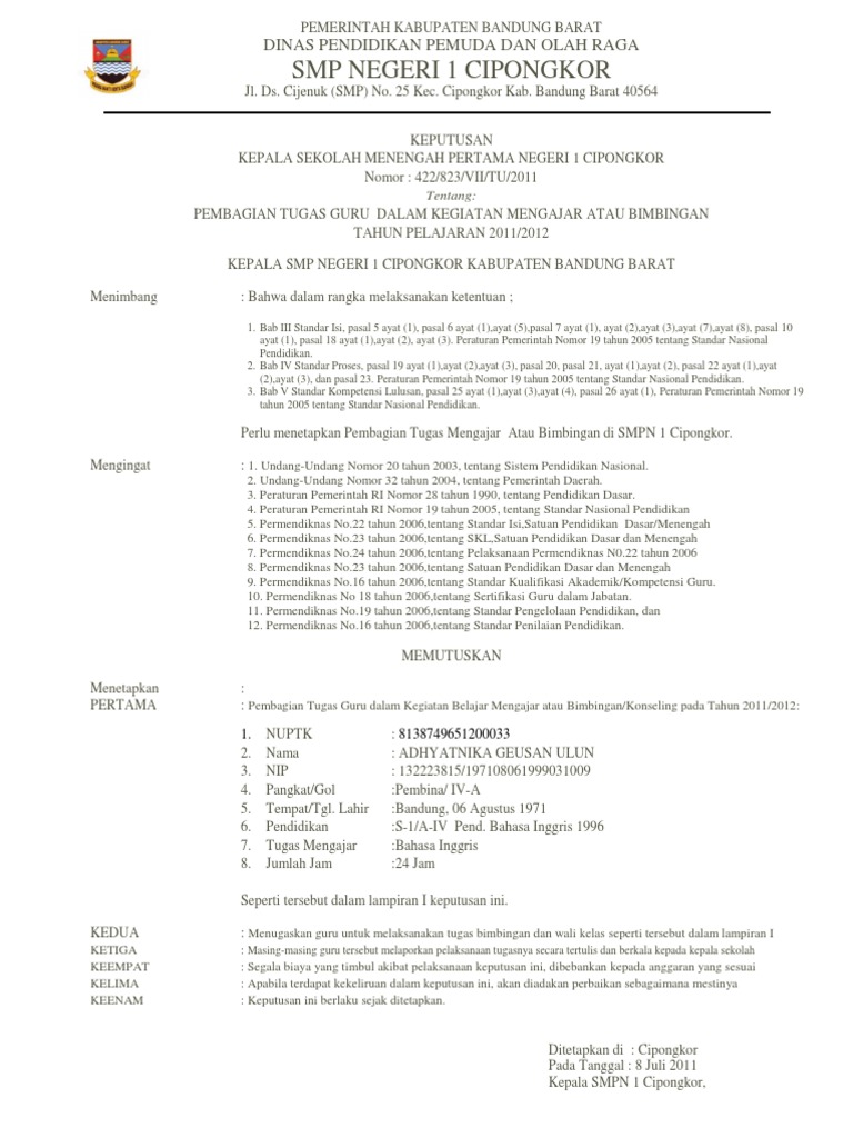 Contoh Sk Mengajar Guru