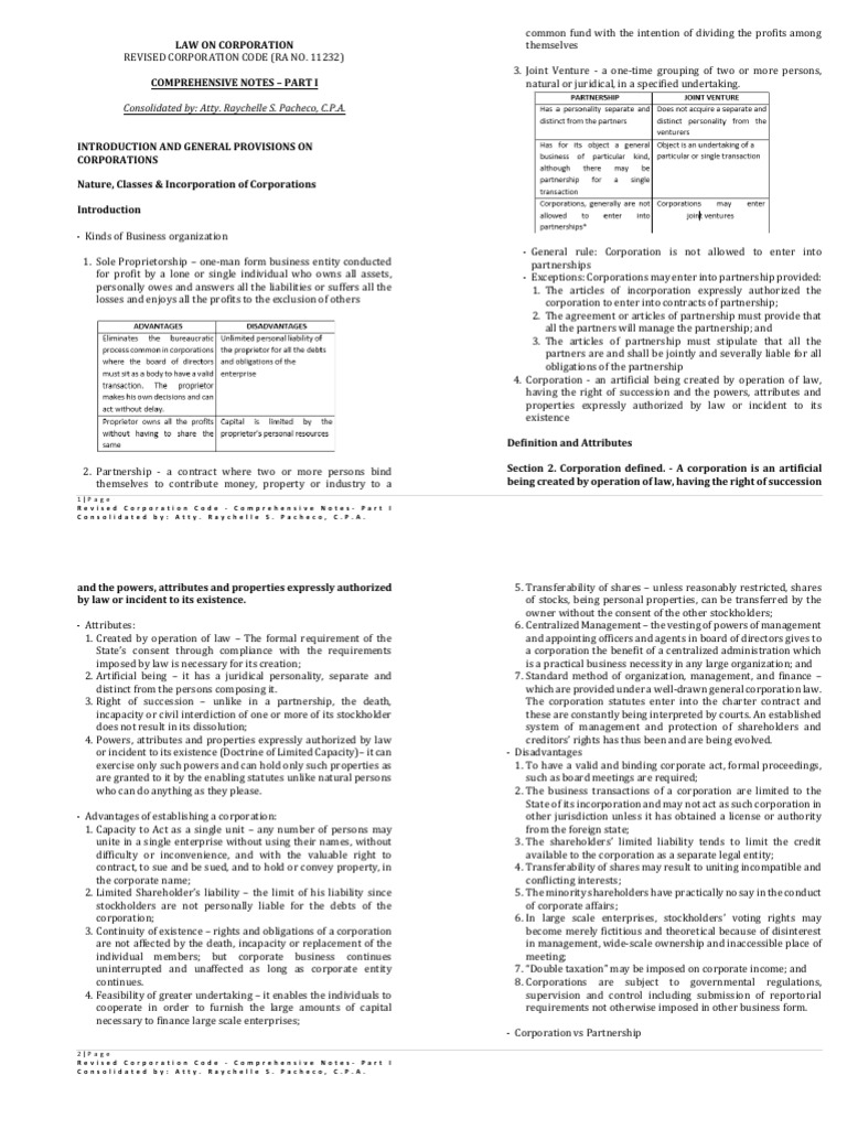 Revised Corporation Code - Part I | PDF | Corporations | Partnership