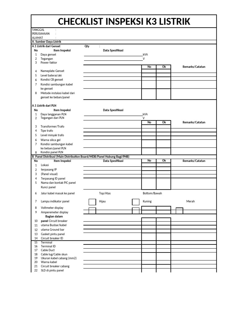 Checklist Inspeksi K3 Instalasi Listrik | PDF