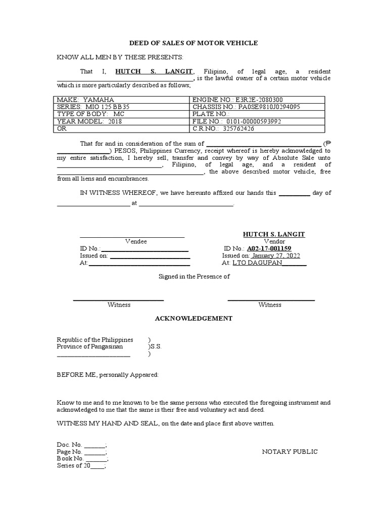 DEED OF SALES OF MOTOR VEHICLE (BLank) | PDF | V…