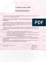 Admission Notice For M.Phil PH.D: University of Kashmir, Srinasar - 190006