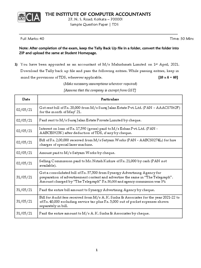 TDS Practical Question Paper for Tally | PDF