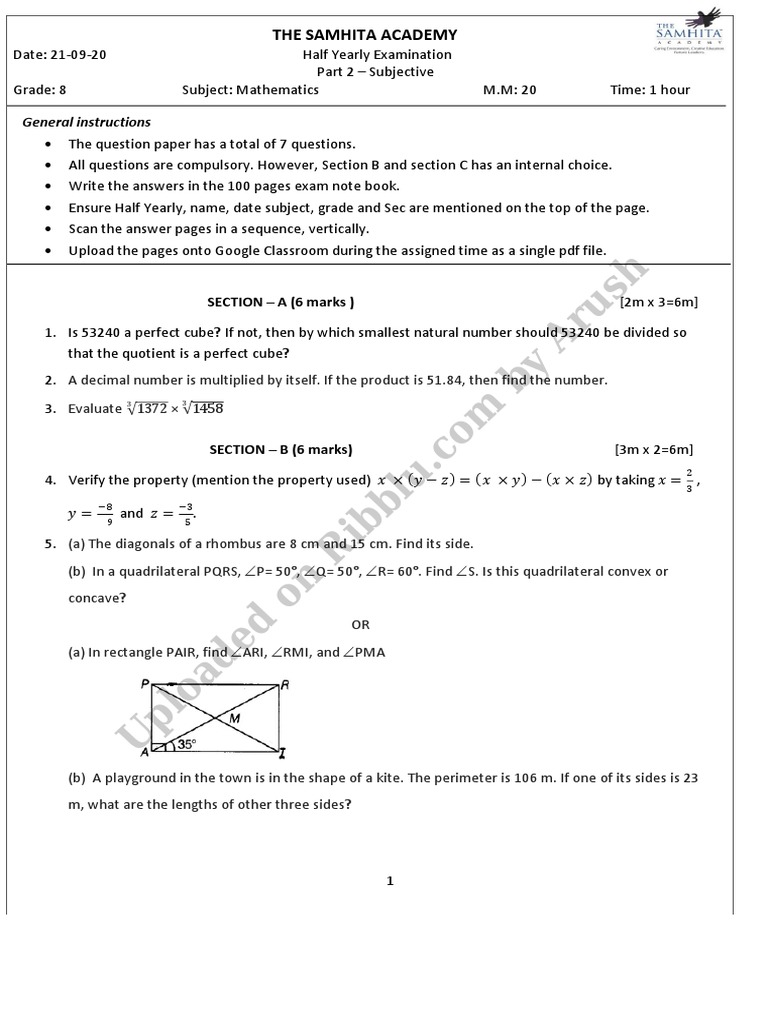 Cbse Class 8 Maths Half Yearly Question Paper 2020 | PDF | Elementary ...