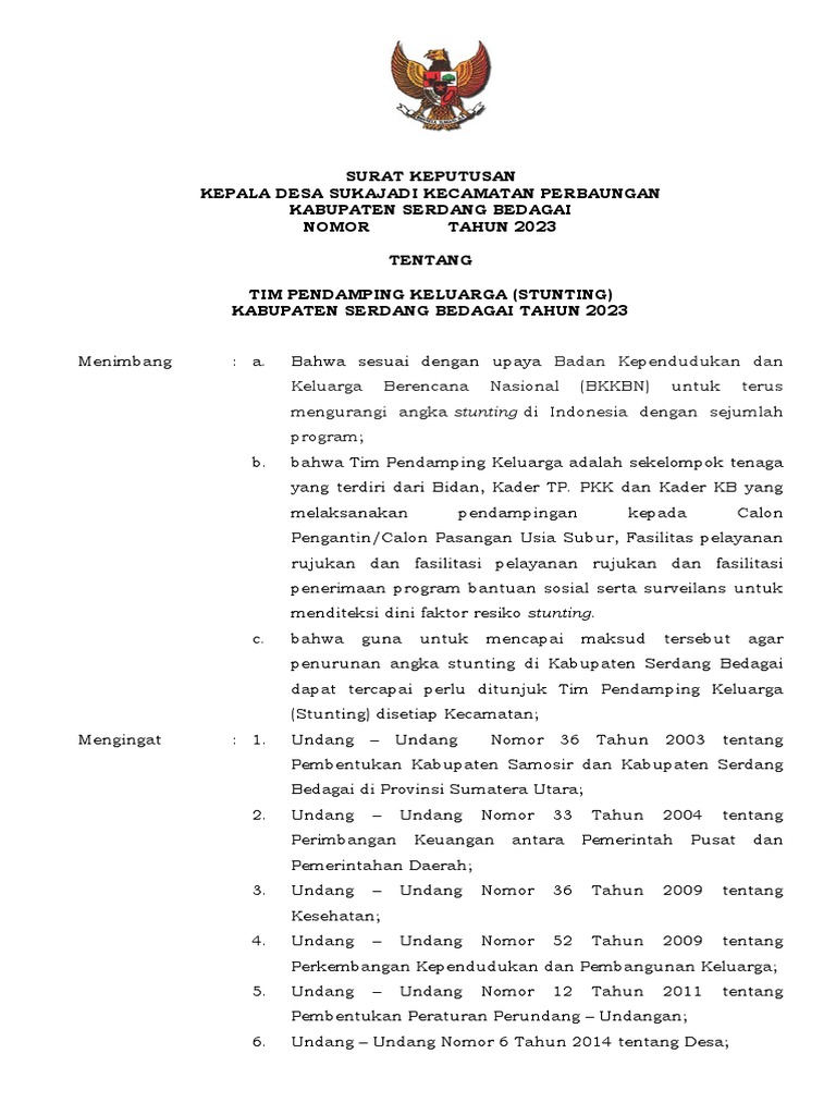 Contoh SK Kepala Desa Tim Pendamping Keluarga 2023(Stunting) SUKAJADI | PDF