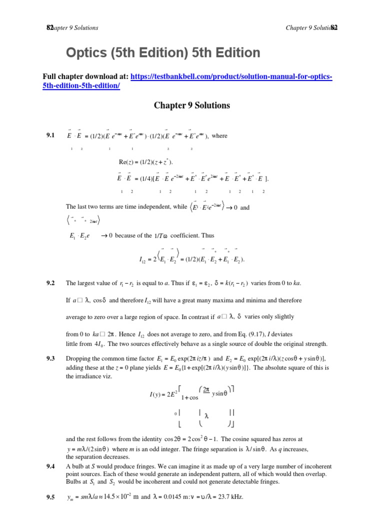 Solution Manual For Optics 5th Edition 5th Edition PDF Materials