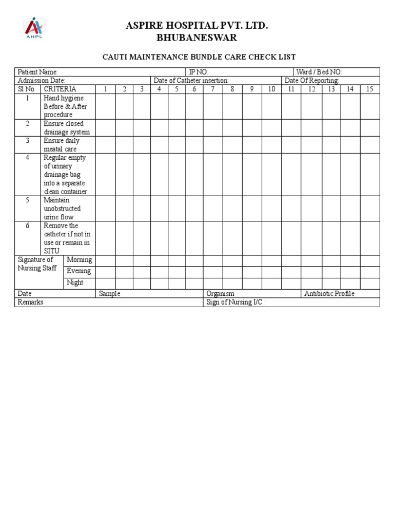 Cauti maintenance bundle check list pdf