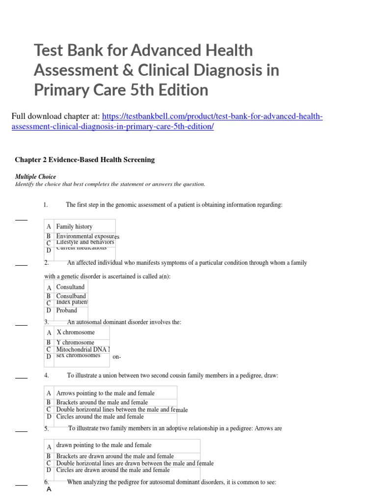 Test Bank For Advanced Health Assessment Clinical Diagnosis in Primary