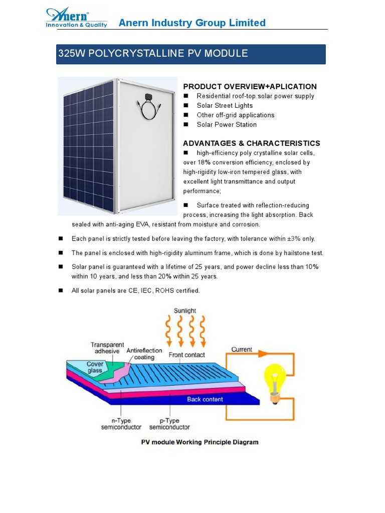 325W Polycrystalline Solar Panel Specs | PDF | Solar Panel | Solar Energy
