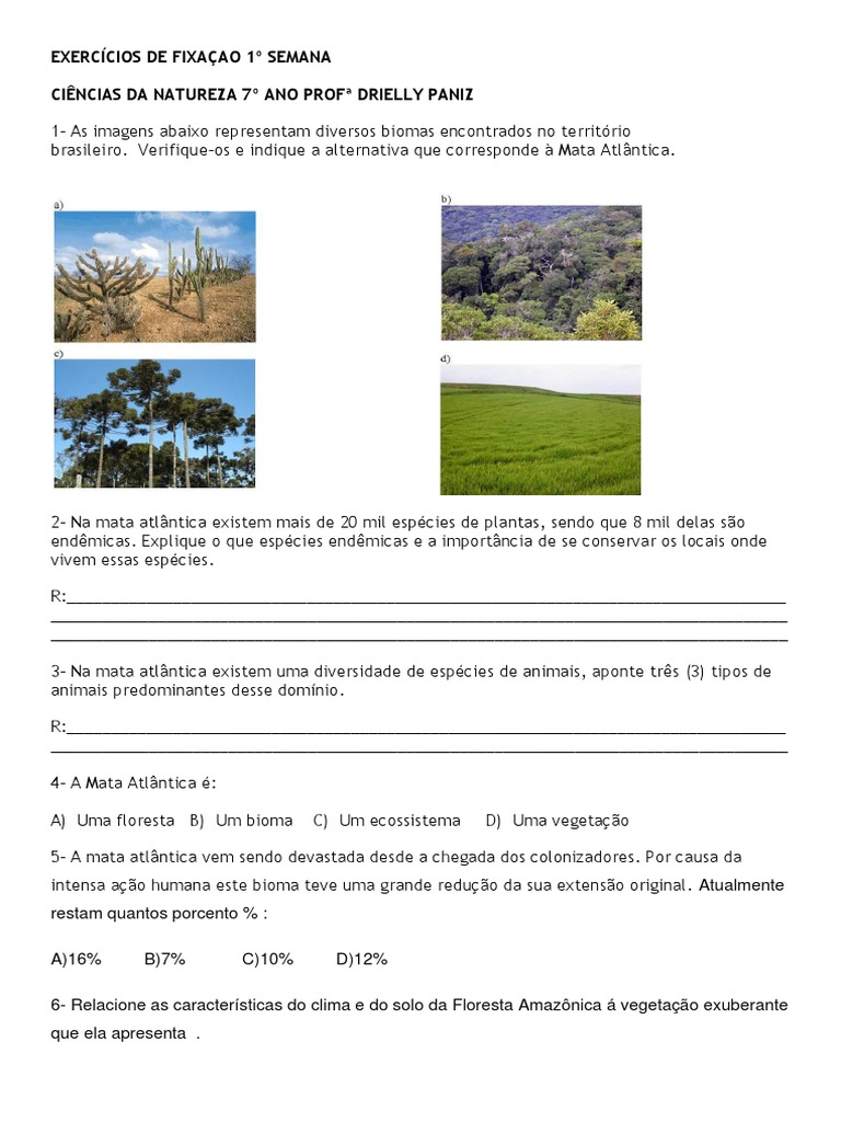Atividades sobre Biomas- 7 ano | PDF | Florestas | Floresta Amazônica