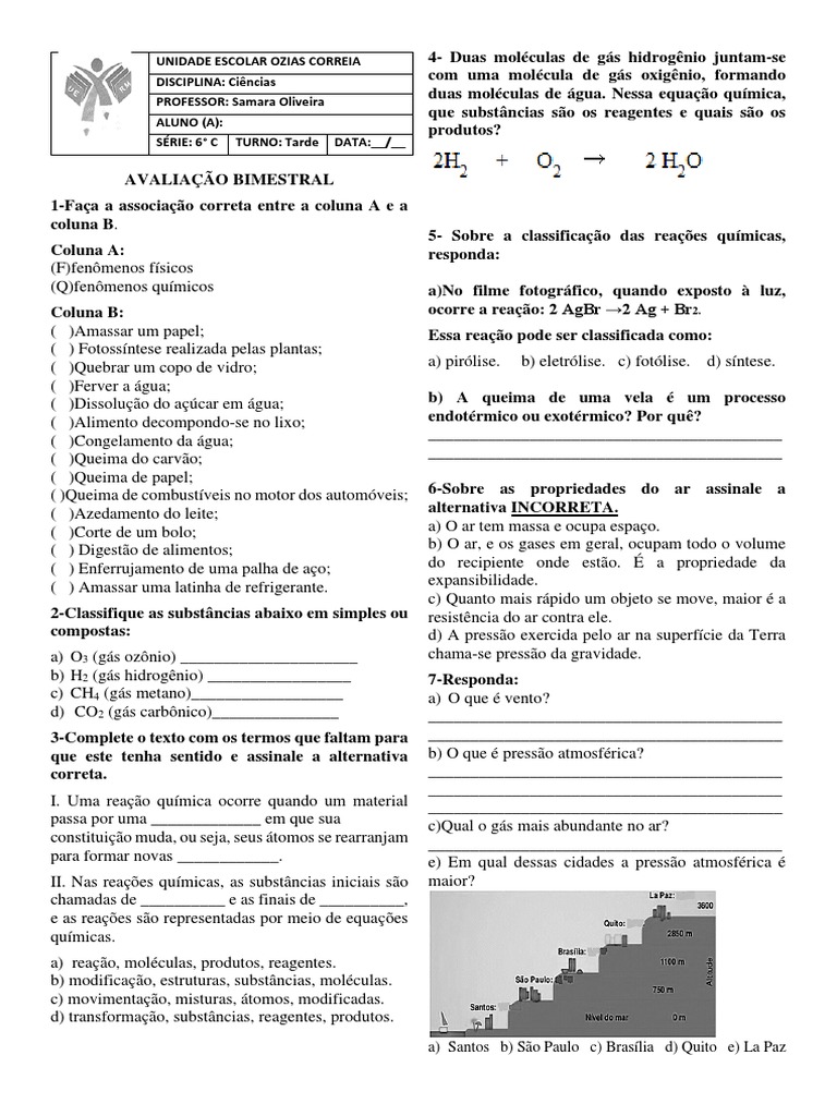 Avaliação de Ciencias 6 ano - NOV | PDF | Água | Geociências