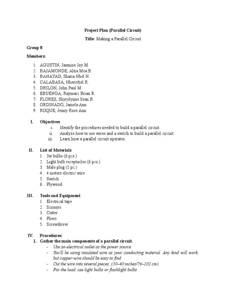 TLEEXIA II GROUP 8 PROJECT PLAN (PARALLEL CIRCUIT) | PDF | Series And ...