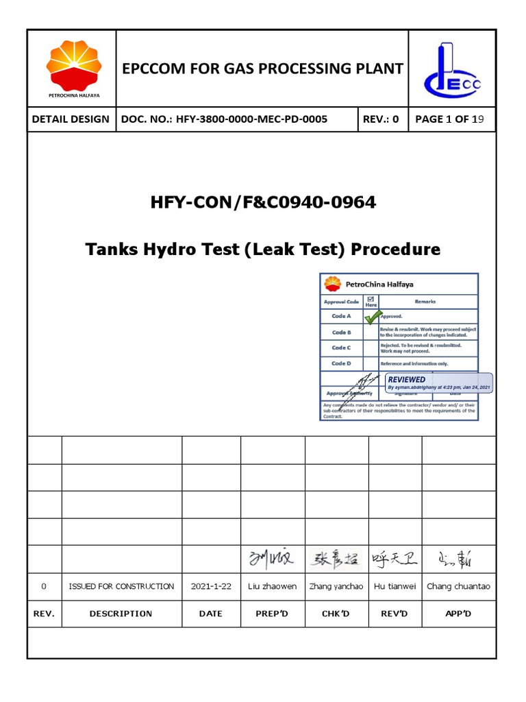 Tanks Hydro Test Procedure | PDF | Leak | Valve