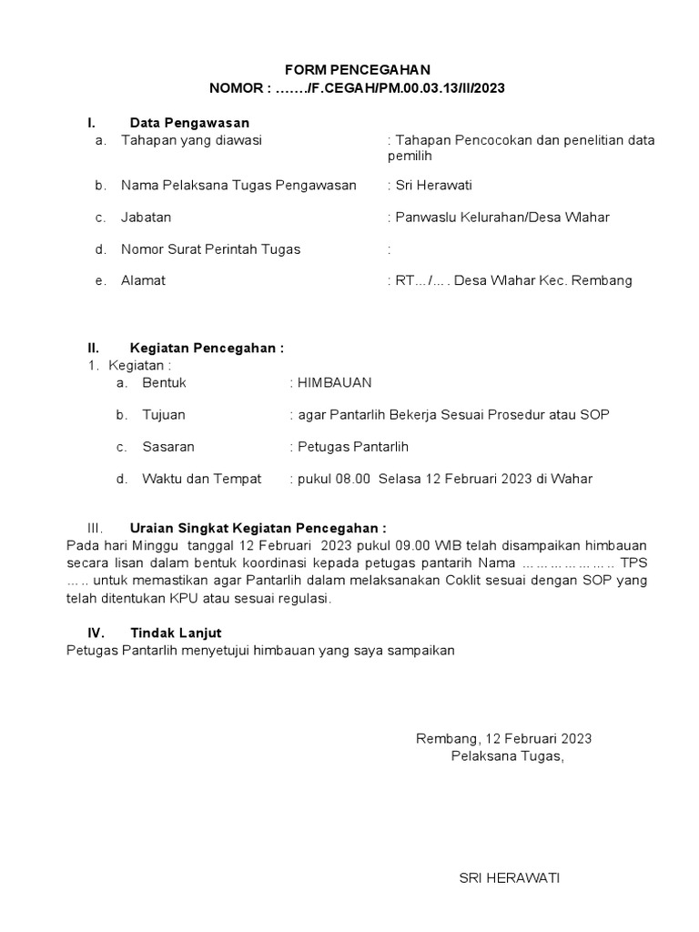 Formulir Pencegahan Pantarlih 2023 | PDF
