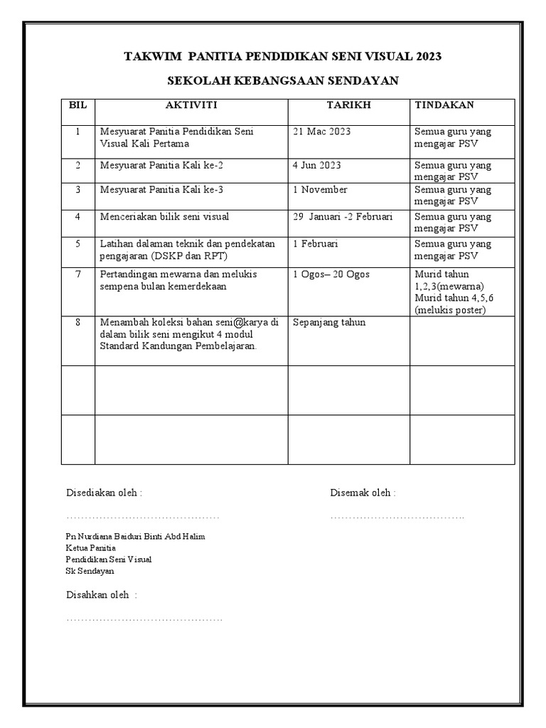 Takwim Panitia Pendidikan Seni Visual | PDF