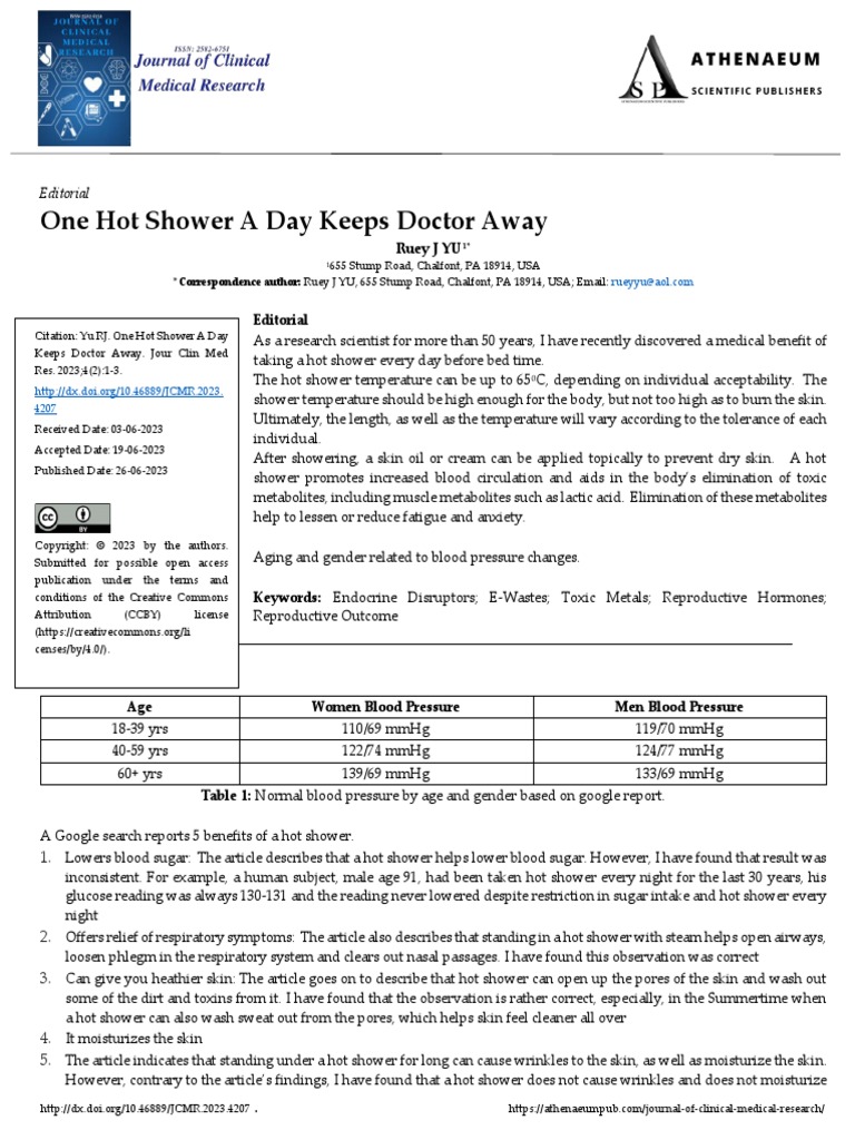 One Hot Shower A Day Keeps Doctor Away PDF Blood Pressure Acupuncture