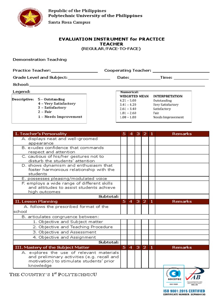 2023 Evaluation Instrument For Practice Teacher - Regular - Docx 2
