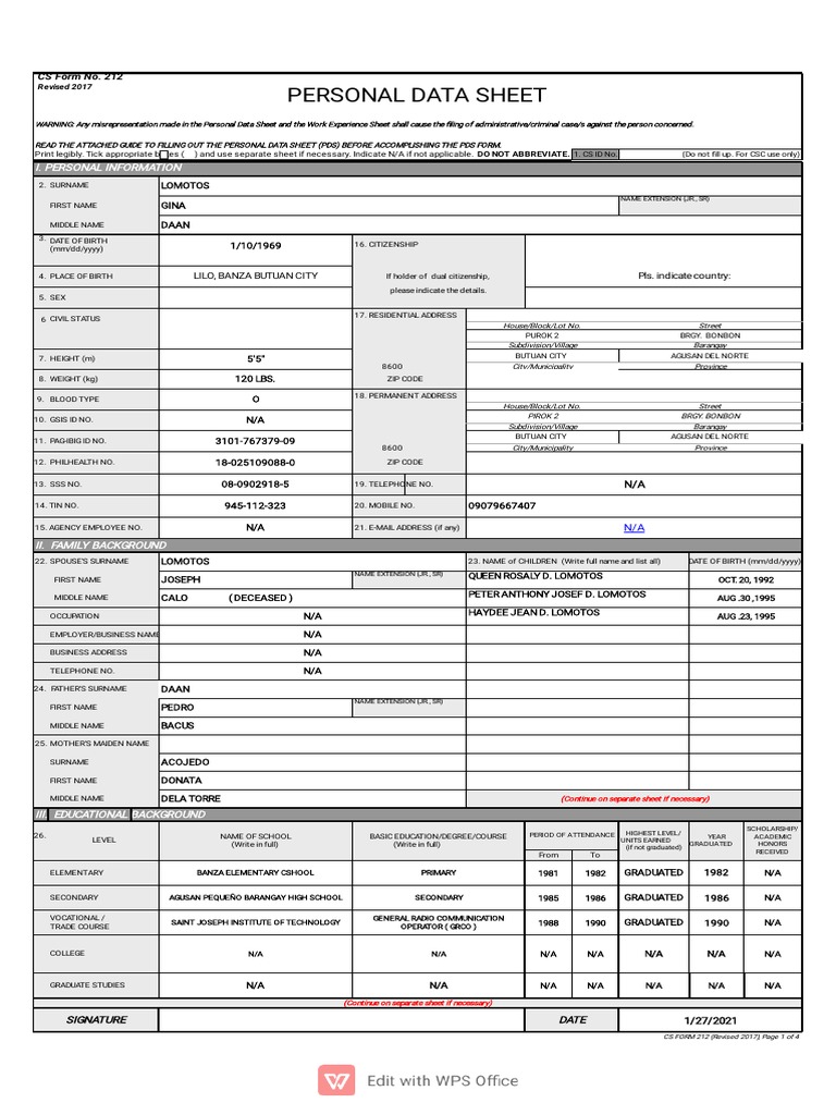 Personal Data Sheet (PDS) Instructions | PDF | Government