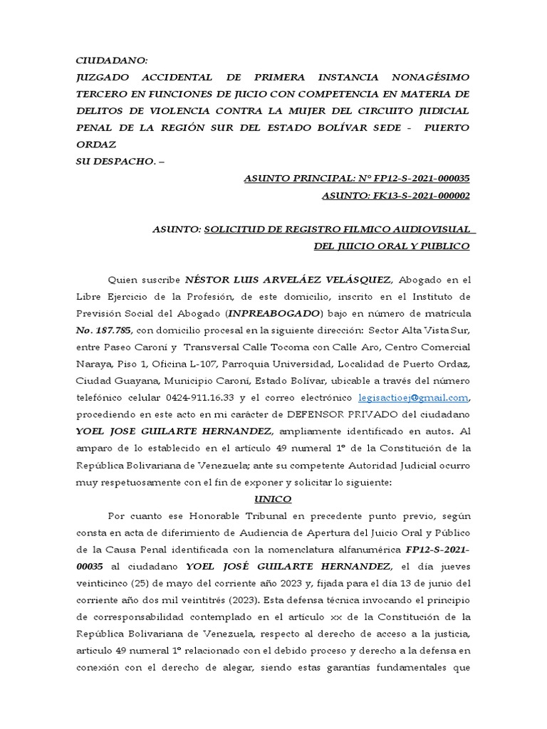 Ratificacion de Solicitud de de Registro Filmico Juicio Yoel Guilarte ...