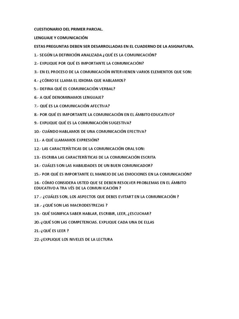 Cuestionario Del Primer Parcial Lenguaje | PDF | Crecimiento personal y ...