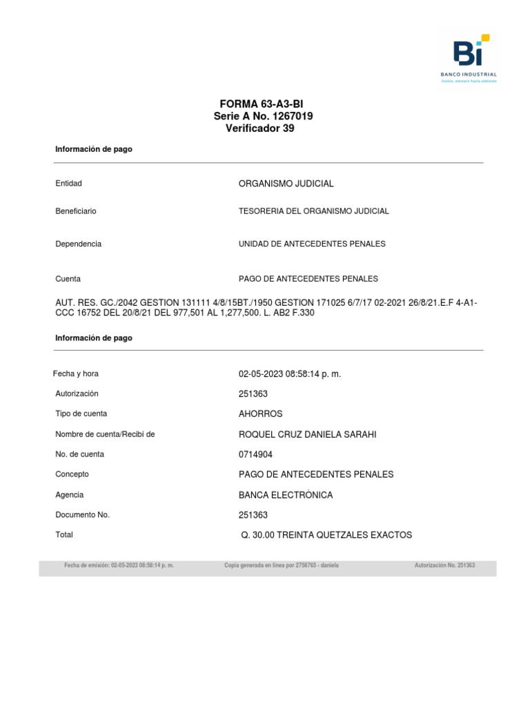 Serie A No. 1267019 Verificador 39 FORMA 63-A3-BI: Información de Pago ...