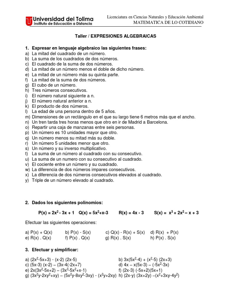 Ejercicios de Expresiones Algebraicas | PDF | Matemáticas | Matemática ...