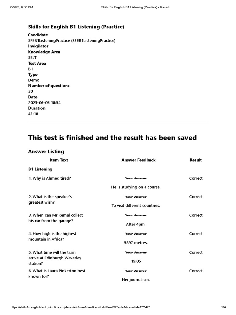B1 Listening Practice Test Results Pdf