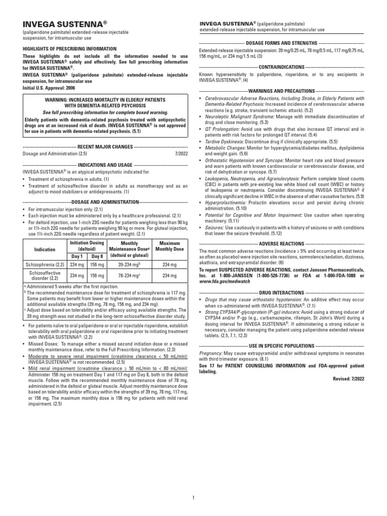 Invega Sustenna Pi PDF Antipsychotic Risperidone