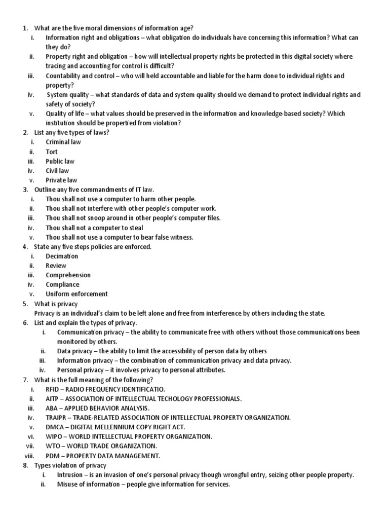 It Law Question and Answers PDF Privacy Intellectual Property