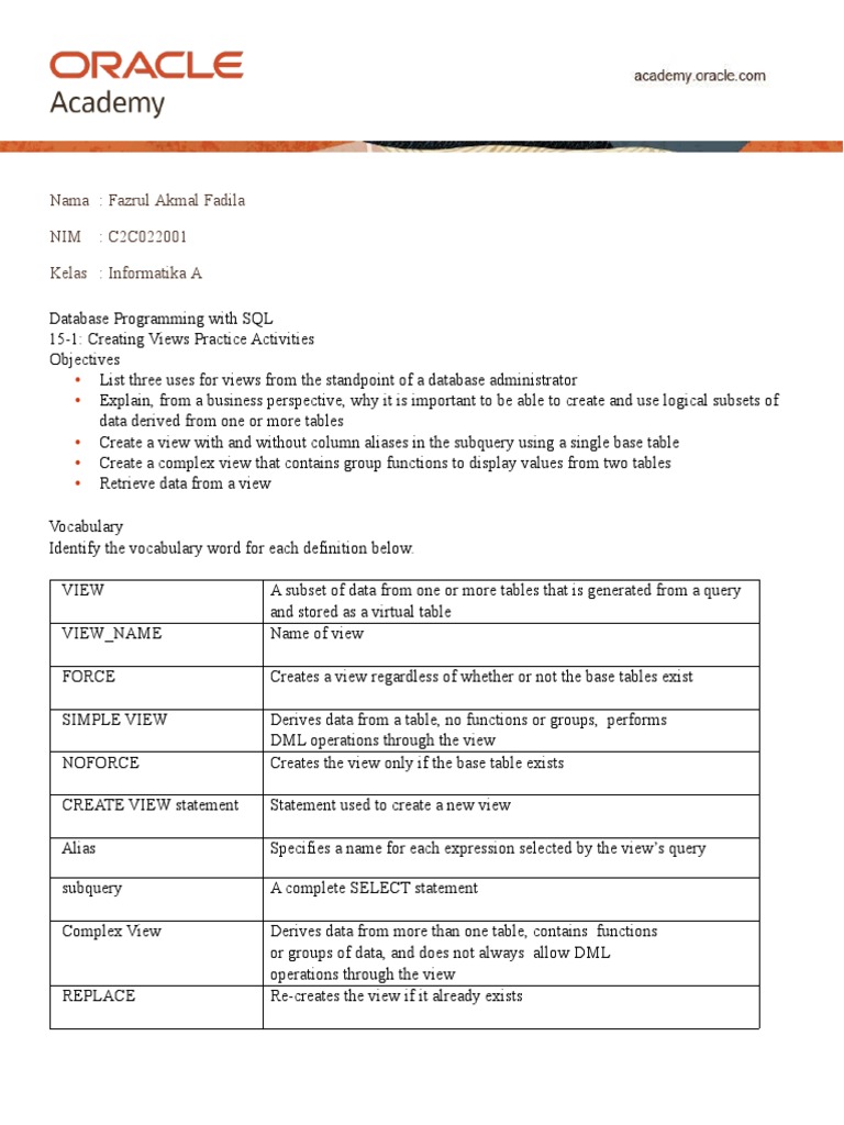 SQL Views: Creation and Use Cases | PDF | Information Technology ...