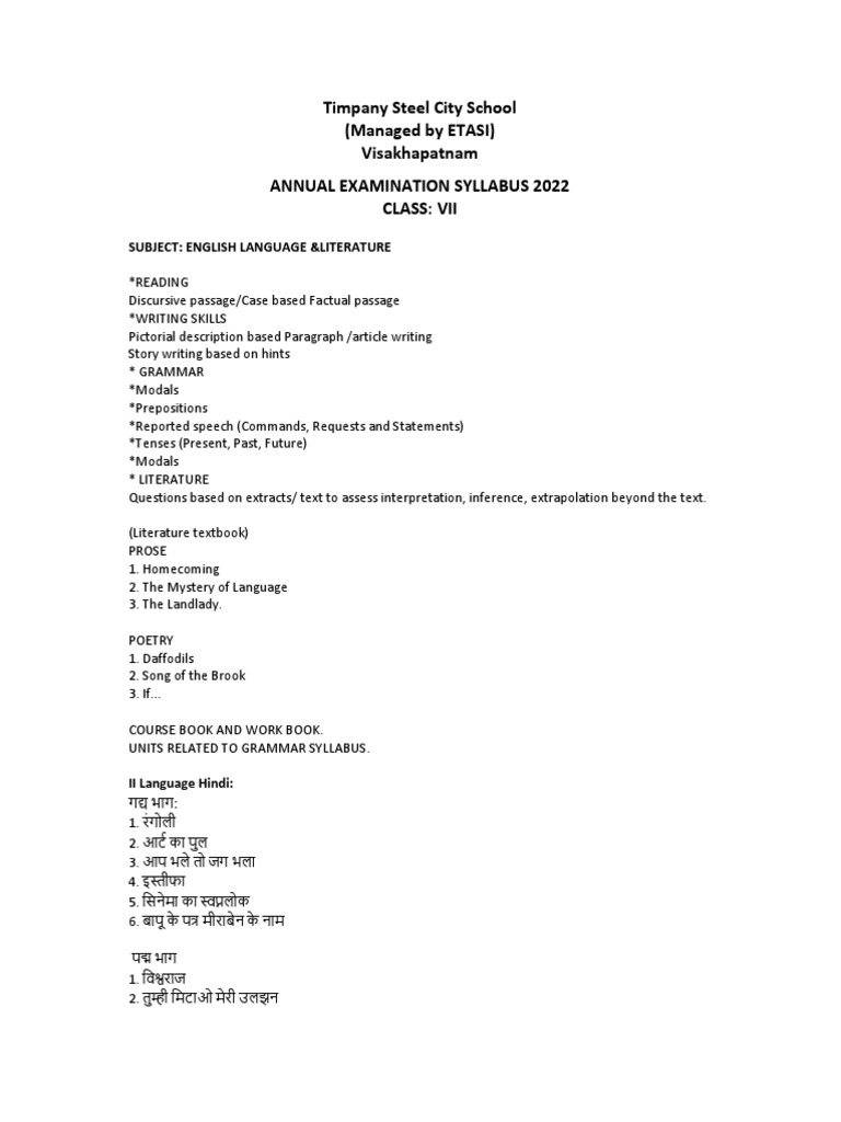 Class 7 Annual Examination Syllabus 2022 PDF Linguistics