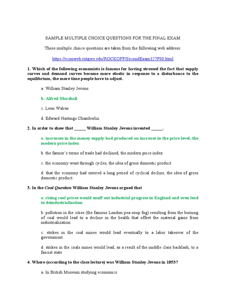 Sample Multiple Choice Questions For The History of Economic Thought